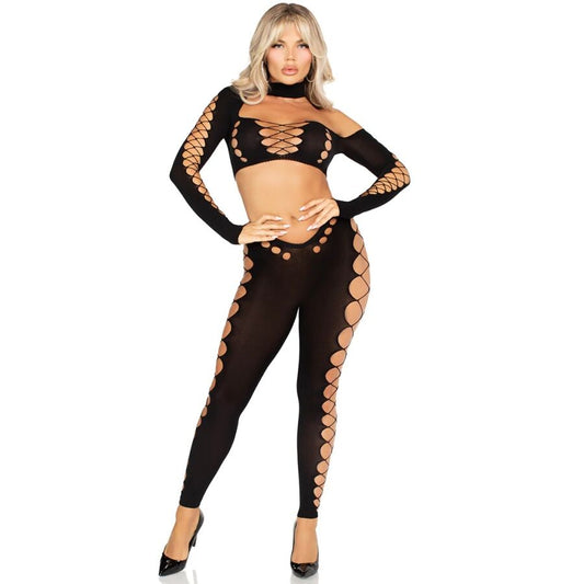 LEG AVENUE SETS Crop Top Leggings Découpés Sans Couture Noir - Aura Intime