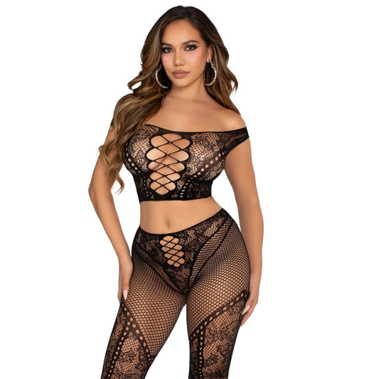 LEG AVENUE SETS Crop Top Legging Résille Épaules Dénudées Noir - Aura Intime