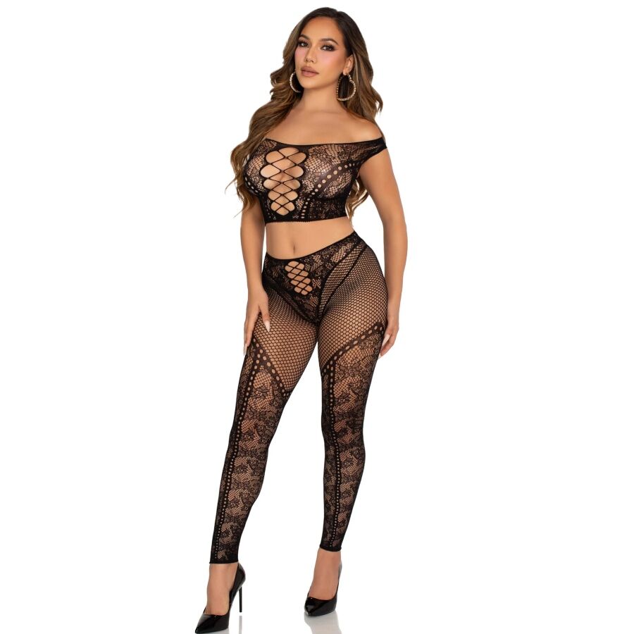 LEG AVENUE SETS Crop Top Legging Résille Épaules Dénudées Noir — vue détaillée