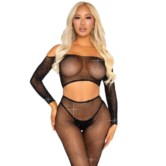 LEG AVENUE SETS Crop Top Legging Résille Strass Noir - Aura Intime
