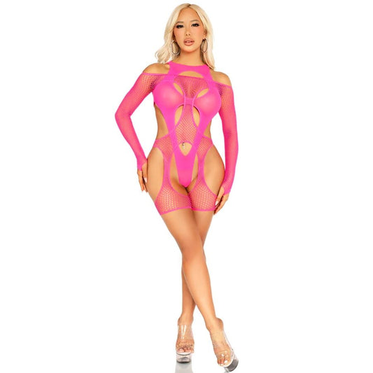 LEG AVENUE TEDDIES Bodystocking Réseille Porte-Jarretelles Harnais Rose Fluo - Aura Intime