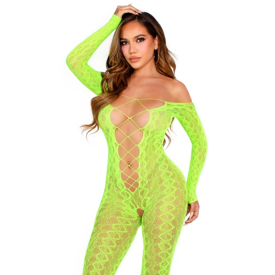 LEG AVENUE BODYSTOCKINGS Bodystocking Sans Fourche Dentelle Serpent Exotique Vert ... - Aura Intime