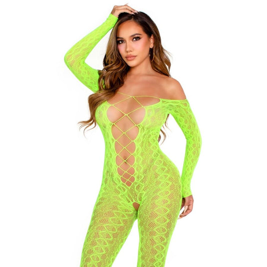 LEG AVENUE BODYSTOCKINGS Bodystocking Sans Fourche Dentelle Serpent Exotique Vert ... - Aura Intime