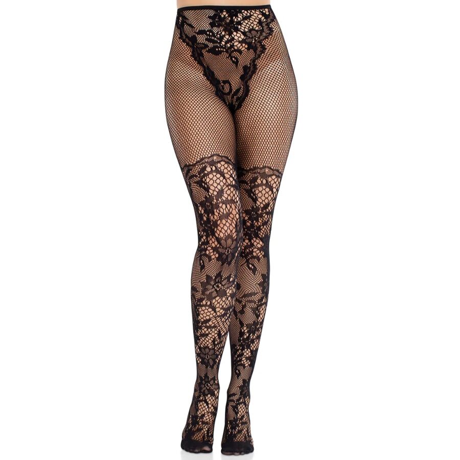 LEG AVENUE HOSIERY Bas Dentelle Dahlia Détail Filet Noir - Aura Intime