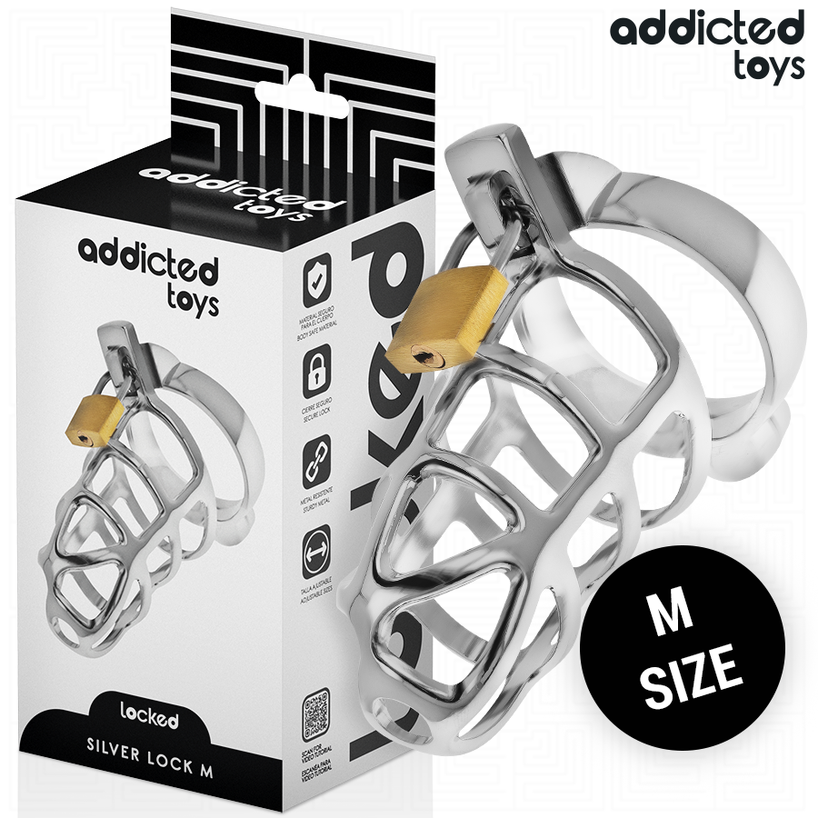ADDICTED TOYS LOCKED Cage À Pénis Métal Verrou Argent Taille M - Aura Intime