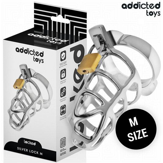 ADDICTED TOYS LOCKED Cage À Pénis Métal Verrou Argent Taille M - Aura Intime