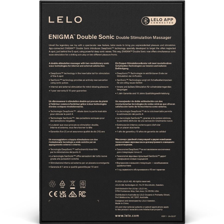LELO Enigma Double Vibrateur Sonique Point G Cyber Violet — accessoires inclus
