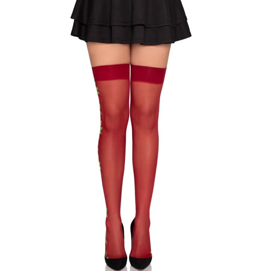 LEG AVENUE HOSIERY Bas Porte-Jarretelles 1957 À Fleurs Rouges - Taille Unique - Aura Intime