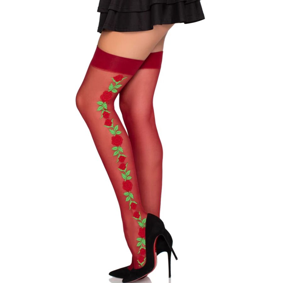 LEG AVENUE HOSIERY Bas Porte-Jarretelles 1957 À Fleurs Rouges - Taille Unique — vue détaillée
