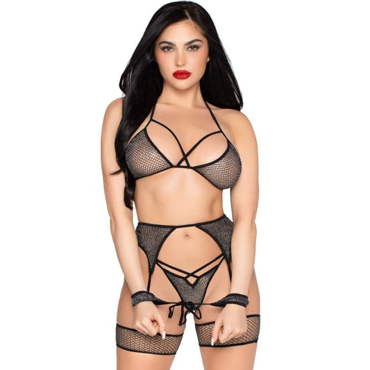 LEG AVENUE SETS 89362 Ensemble Haut + String + Porte-Jarretelles + Menott... - Aura Intime
