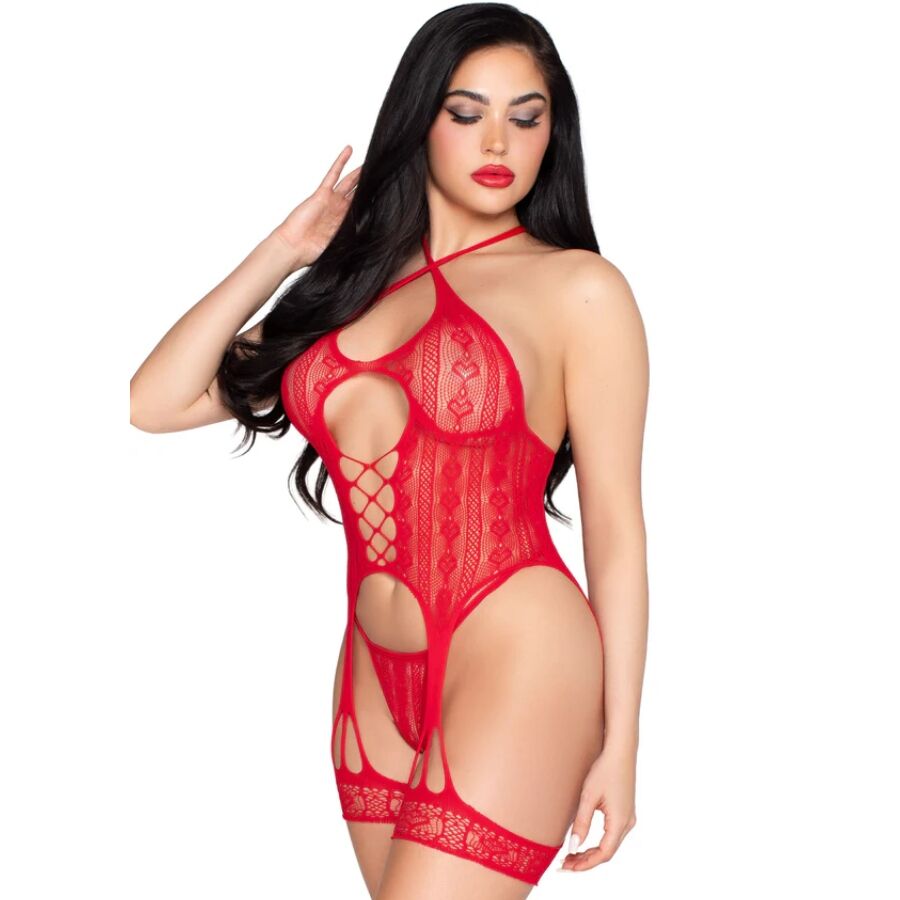LEG AVENUE BODYSTOCKINGS 89338 Body Ouvert Dentelle Porte-Jarretelles + String Rou... — vue détaillée
