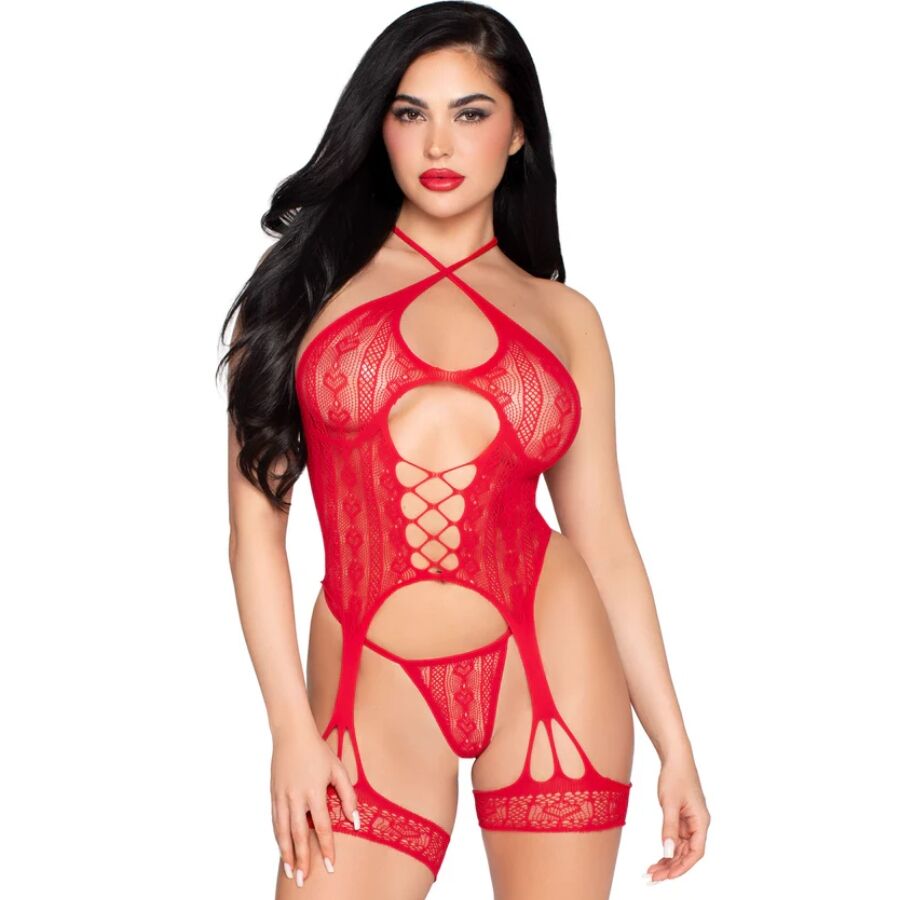 LEG AVENUE BODYSTOCKINGS 89338 Body Ouvert Dentelle Porte-Jarretelles + String Rou... - Aura Intime