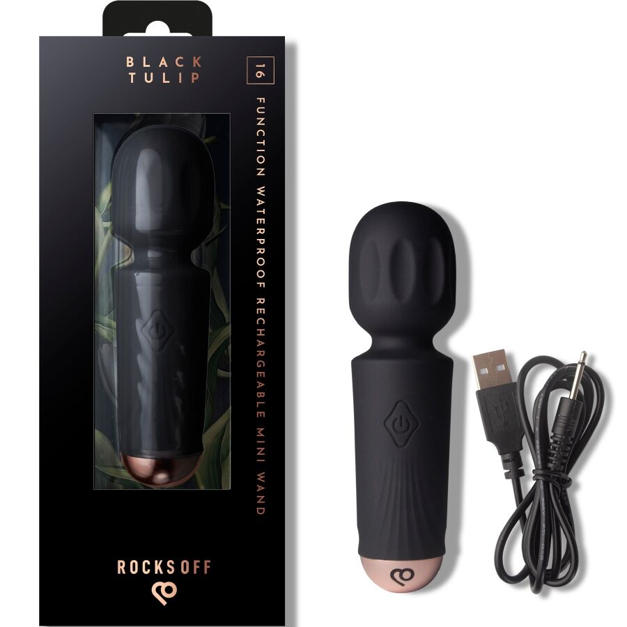 ROCKS-OFF Mini Baguette Rechargeable 16 Fonctions Tulipe Noire — vue détaillée