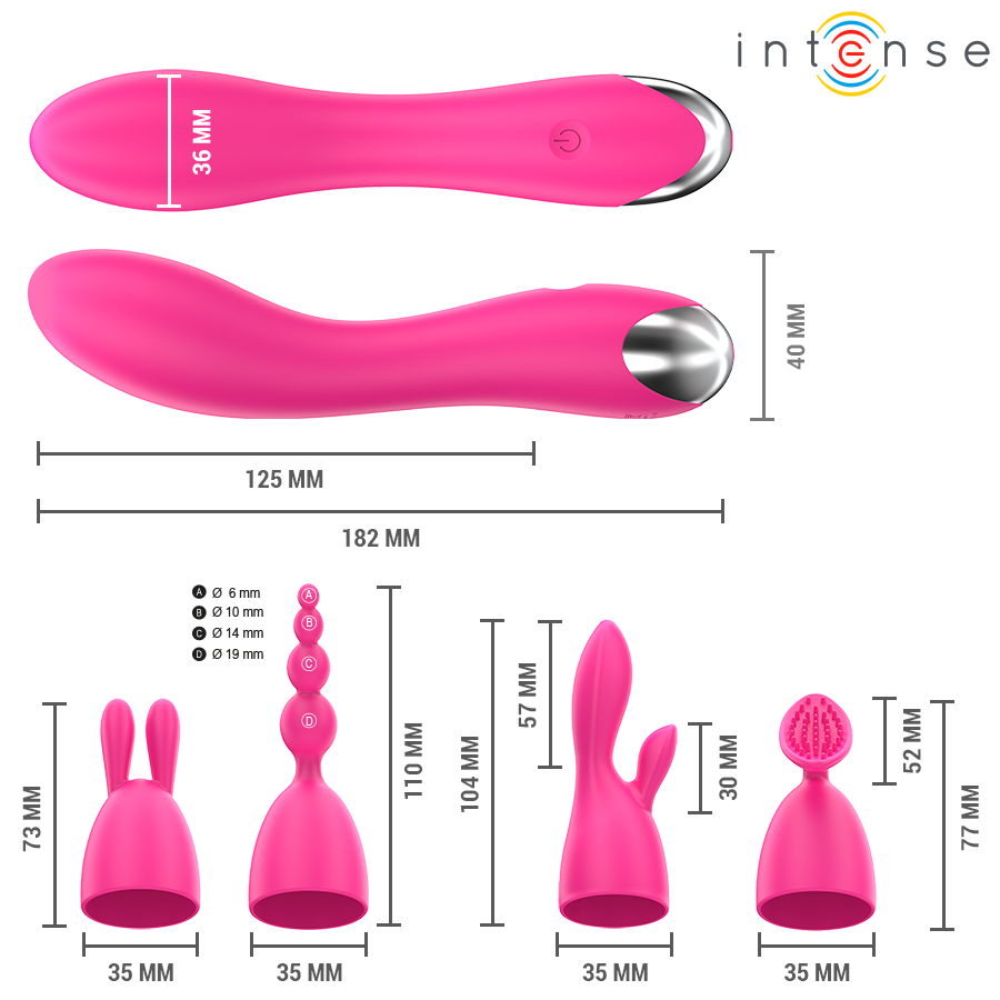 INTENSE HIGH TECH VIBRATEUR CHER 20 MODES MOUVEMENTS EMBOUTS INTERCHANGEABLES — vue détaillée