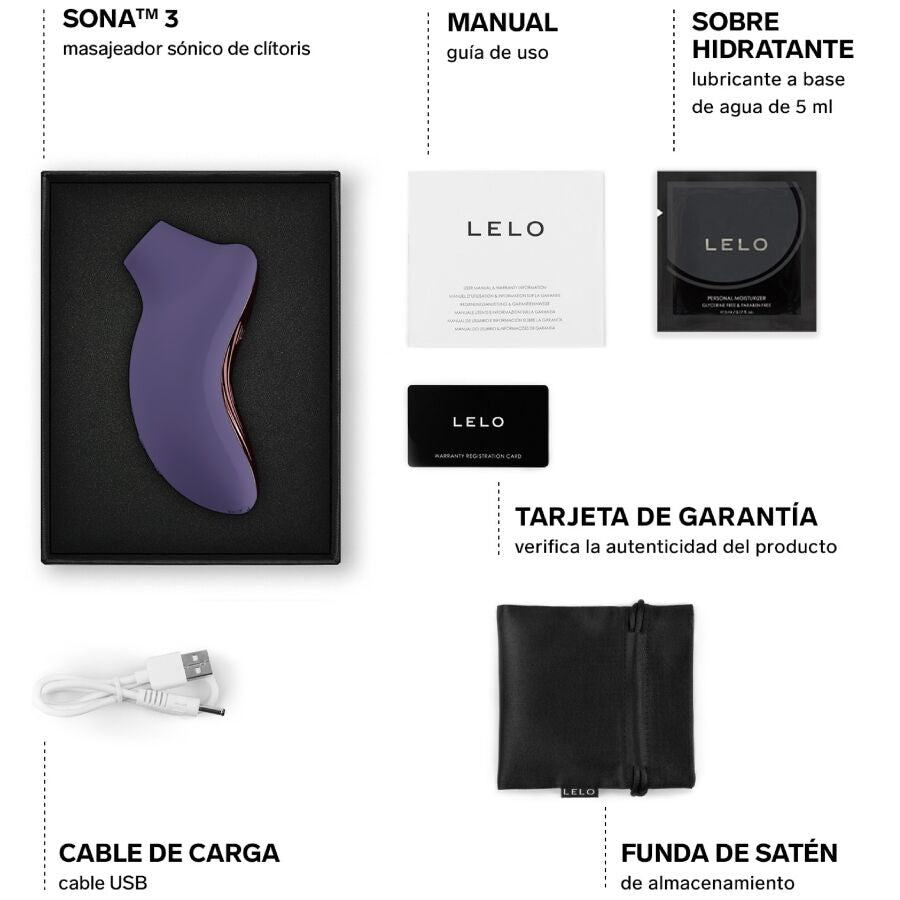LELO Sona 3 Masseur Clitorial Sonique Cyber Violet — accessoires inclus