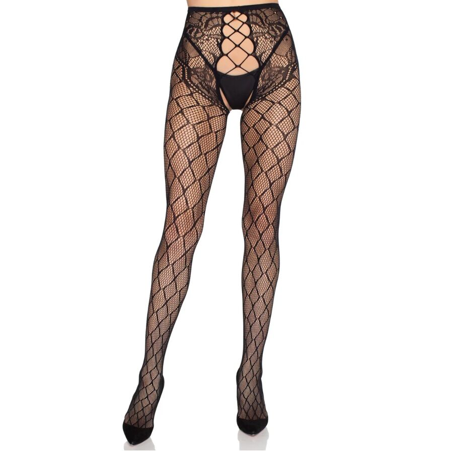 LEG AVENUE HOSIERY 1966 Collants Résille Culotte Sans Entrejambe Noir - Tail... — vue arrière
