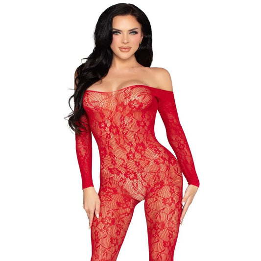LEG AVENUE BODYSTOCKINGS 89366 Lingerie Dentelle Bodystocking Rouge - Taille Unique - Aura Intime