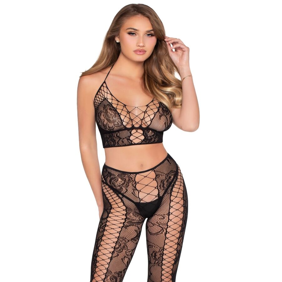 LEG AVENUE SETS 89368 ENSEMBLE CROP TOP COLLANTS NOIRS RÉSILLE DENTELLE -... — vue alternative