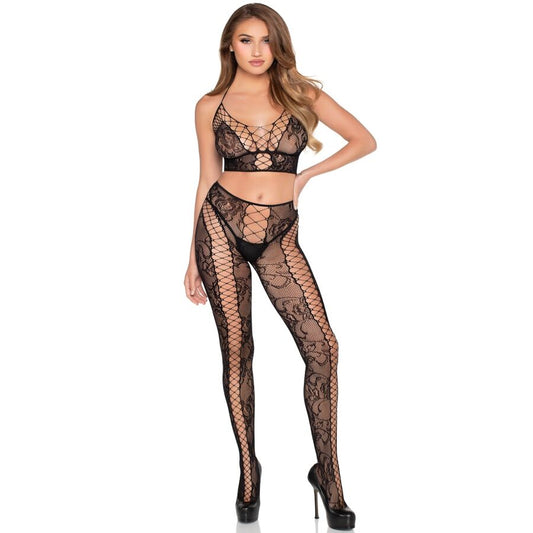 LEG AVENUE SETS 89368 ENSEMBLE CROP TOP COLLANTS NOIRS RÉSILLE DENTELLE -... - Aura Intime
