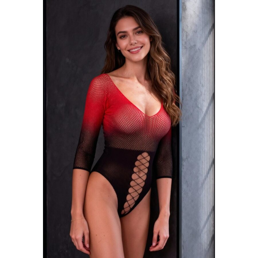 PASSION WOMAN BODYSTOCKINGS BS118 BODYSTOCKING MAILLE NOIRE ROUGE — vue détaillée