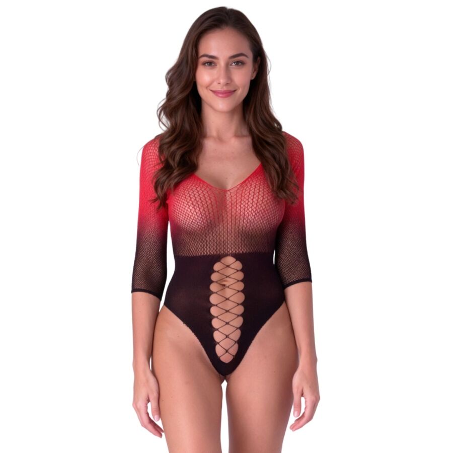 PASSION WOMAN BODYSTOCKINGS BS118 BODYSTOCKING MAILLE NOIRE ROUGE - Aura Intime
