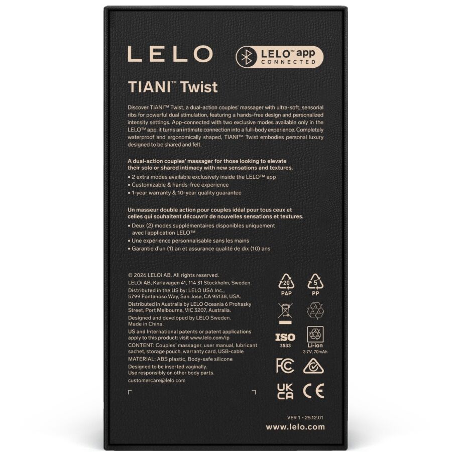 LELO TIANI TWIST VIBRATEUR COUPLES LAVANDE — vue arrière