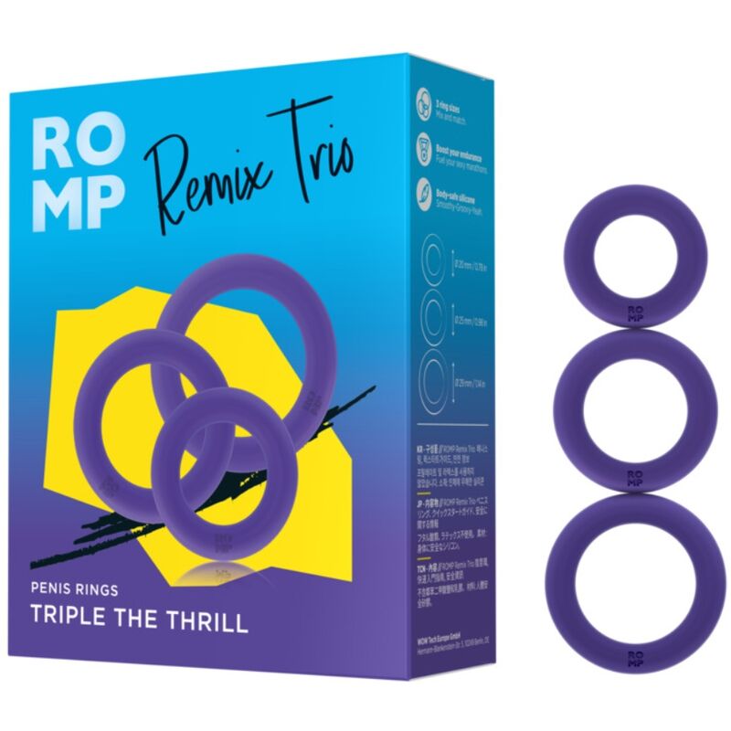 ROMP REMIX TRIO ENSEMBLE 3 ANNEAUX PÉNIS SILICONE VIOLETTES — accessoires inclus