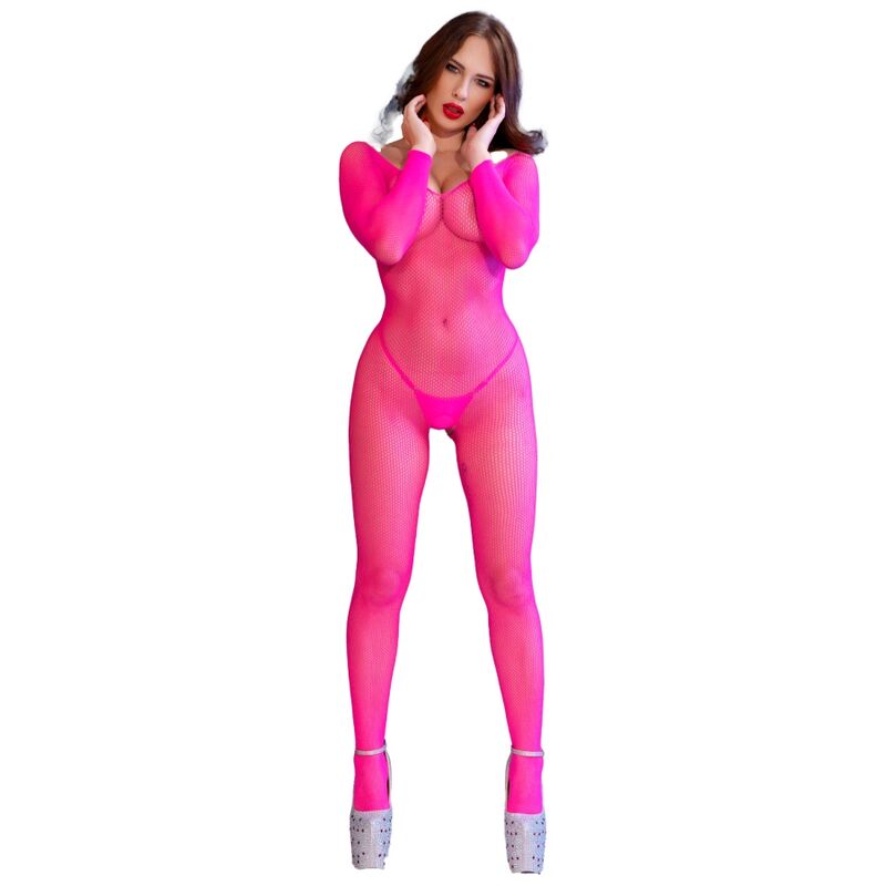 CHILIROSE CORSETS CR 4894 BODYSTOCKING RÉSEILLE ROSE NÉON S/M — accessoires inclus