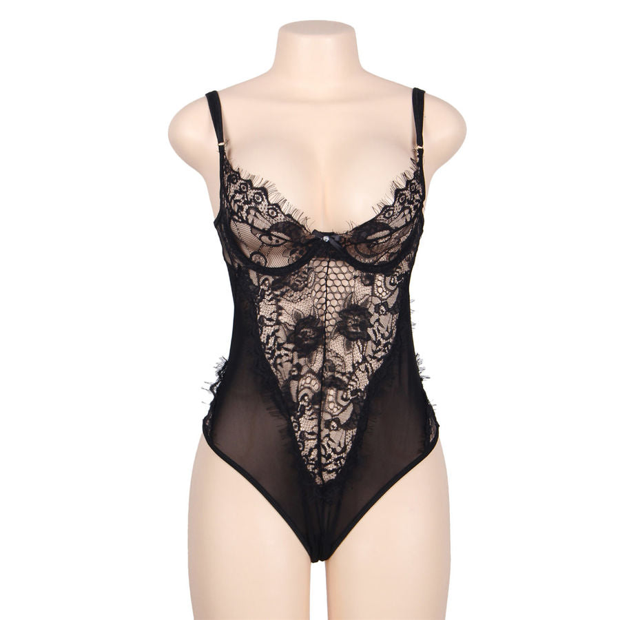 SUBBLIME QUEEN PLUS SIZE QUEEN PLUS DENTELLE FLORALE TEDDY NOIR FRANGES - Aura Intime