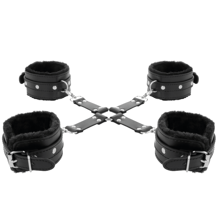 DARKNESS BONDAGE Menottes Cuir Pieds Mains Noir — accessoires inclus
