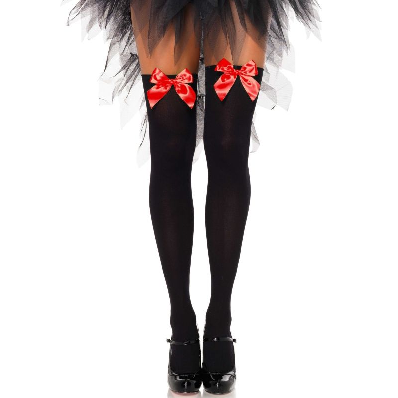 LEG AVENUE HOSIERY Cuisses Hautes Nylon Noir Noeud Rouge Taille Unique - Aura Intime