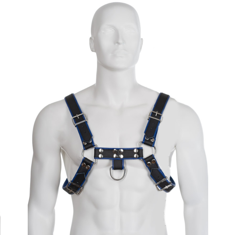 LEATHER BODY Harnais Cuir Bleu Noir Poitrine Bulldog - Aura Intime