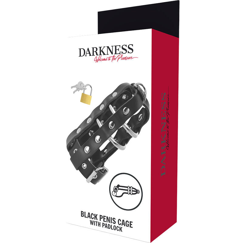 DARKNESS BONDAGE Cage Chasteté Cuir Serrure — accessoires inclus